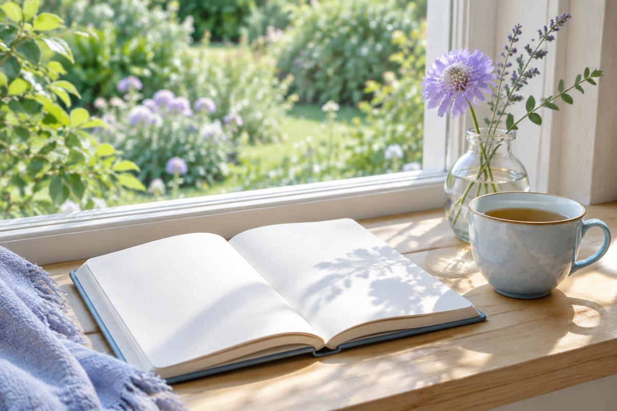 Caderno e chá em um ambiente acolhedor